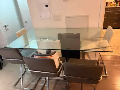 Modern Glass Dining Table + 6 Chairs ( High Table set) Must sell, View more