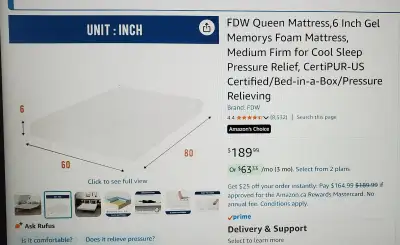 FDW Queen Mattress,6 Inch Gel Memory, View more