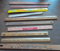 5 Vintage Wood Rulers, 3 Paint Sticks, Various Local Advertising