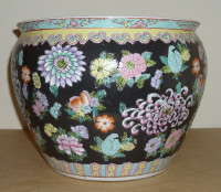 Vintage Chinese Black Porcelain Fish Bowl / Planter