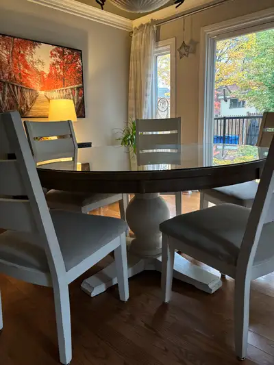 Round Solid Wood Dining Table with Protective Glass Top , View more