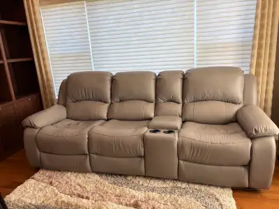 Genuine Grey Leather Power Reclining Sofa with Storage Console, View more