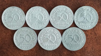 Collection of 7 German 50 Pfennig Coins, 1920-1922