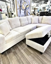 White Corduroy Sectional Sofa with Storage Ottoman For Sale  Kitchener / Waterloo Kitchener Area Preview