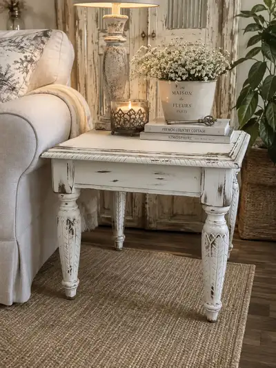 Set of Maple Distressed Farmhouse White Linen Tables, View more