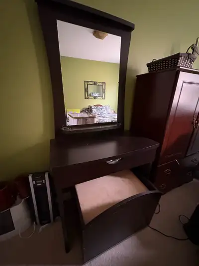 Used Bedroom Vanity with Mirror & Padded Stool, View more