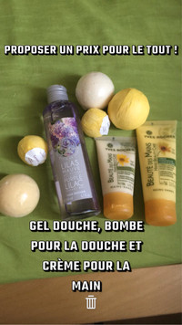 Gel douche, bombe à douche et crème main 