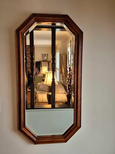 Vintage octagonal mahogany wall mirror, View more
