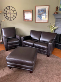 Brown Lazy Boy Leather Love Seat. Recliner and Ottoman