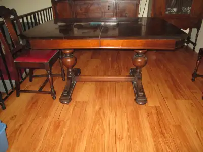 1920s-1930s Antique Black Maple Dining Room table w/ 6 chairs, View more