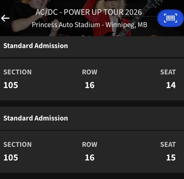 4 AC/DC tickets in Winnipeg Sept 20. Row 105