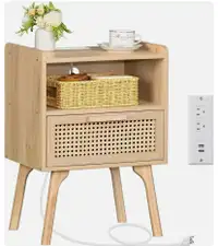 New Boho Rattan Side Table With Charging Station