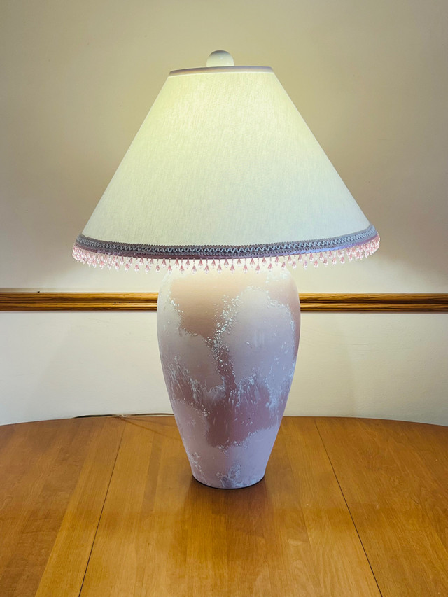 Large Pink Ceramic Lamp with Beaded Shade in Indoor Lighting & Fans in Belleville