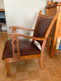 Dutch Vintage Oak Accent Chair with leather seat and back.