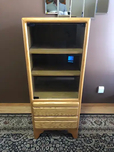 - Oak Stereo Cabinet - Custom Made - Two Adjustable Shelves - Two Drawers - Glass Door - 53” High -...