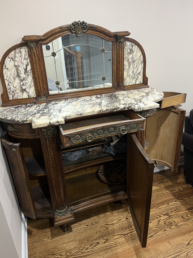 Antique Curio wallunit with Marble/Mirror Hutches & Display