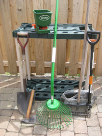 Garden tools and rack (rake, shovel, hatchet, seeder, etc.)