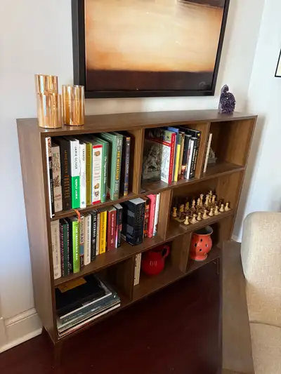 Walnut wood midcentury modern bookcase, View more