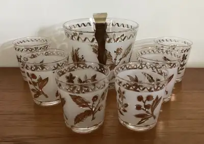 MCM Vintage 1960s Frosted Glass Gold Trim Ice Bucket Glasses Set, View more