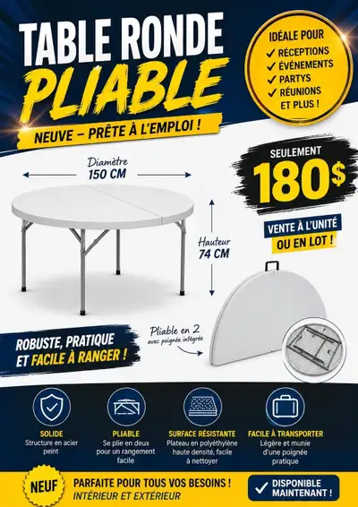 New table ronde pliante 60pouce - 8-10personne , View more