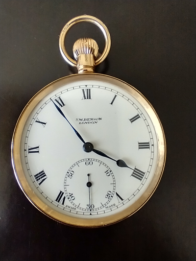 Vintage antique-style "J. W. Benson" 9K solid gold Swiss-made 15-jewel pocket watch recently profess...