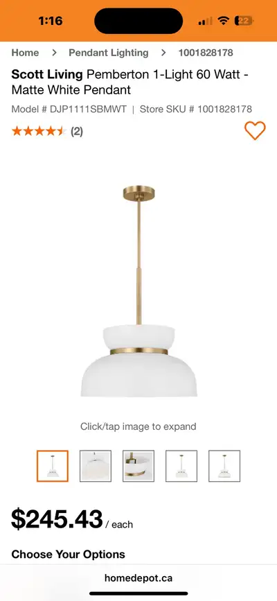 Scott Living Pemberton 1-Light 60 Watt - Matte White Pendant, View more