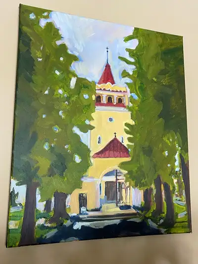 custom made paintings-garden,church,sunset, View more