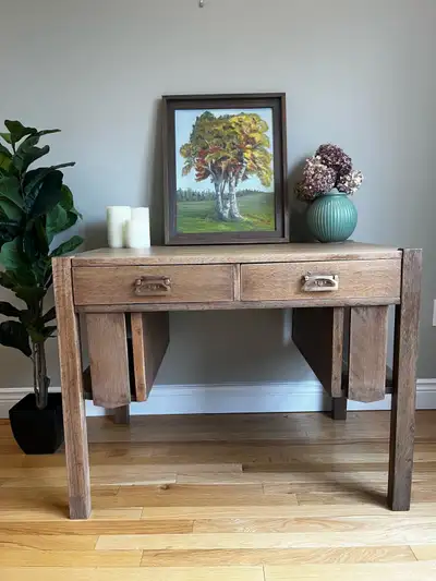 Restored Antique Mission-Style Oak Desk This solid quarter sawn oak Mission-style desk has been full...