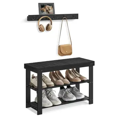 Coat Rack Shoe Bench Set, Hall Tree with Bench, Multifunctional, 5 Double Metal Hooks, 3-Tier Bamboo...