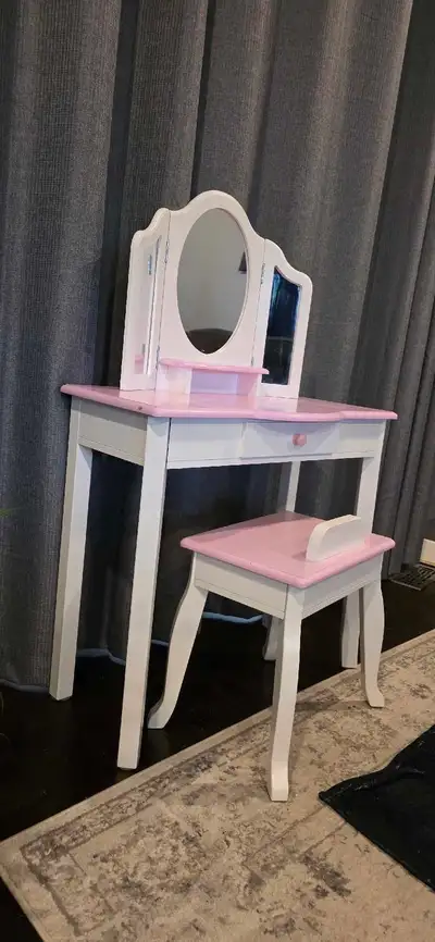 Kids Wooden Vanity & Stool set with 3 Panel Mirror, View more