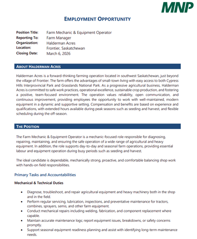 EMPLOYMENT OPPORTUNITY - Farm Mechanic & Equipment Operator, View more