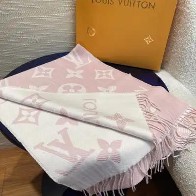New LV Monogram Beige Rose Wool Cashmere Wrap Shawl Scarf, View more