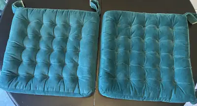 Like New 2 Beautiful Indoor Turquoise Chair Cushions 16 1/2”Square x 2 1/2” thick. With Velcro Strap...
