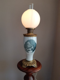 Unique Vintage Milk Glass Hurricane LAMP:  With Dutch scene