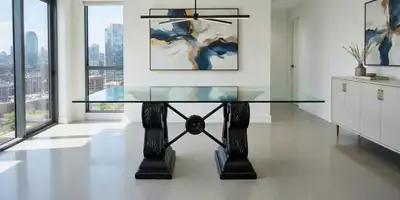 Thick Glass top dining table. Black ornate bases. 8, View more