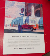 CLASSIC ORIG 1936 GULF OIL AD WITH GAS STATION & CAR - VINTAGE