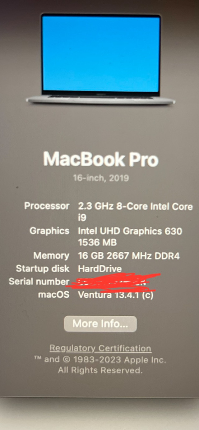 i9 2.3 GHz 16 GB RAM 9/10 2019 MacBook Pro 16 inch in Laptops in Oshawa / Durham Region - Image 2