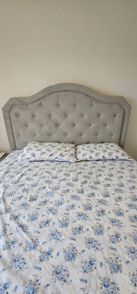 Upholstered Queen bed frame and box with spring mattress