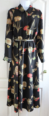 Beautiful 1990s black and floral midi shirt dress