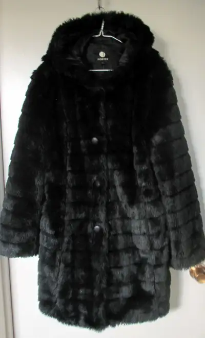 Woman’s Hooded Black Faux Fur Jacket Size Medium, View more