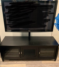 Black Television Credenza Stand with TV mount, glass cabinets