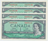 EXTRA RARE LOT of 4 BANK of CANADA 1954 $1 SEQUENTIAL SERIAL #'s
