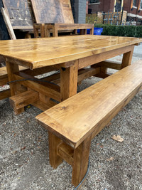 Reclaimed solid wood table and matching bench