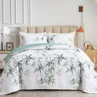 New 3 PC Green Bamboo Leaves Quilt Set • QUEEN $85 / KING $90