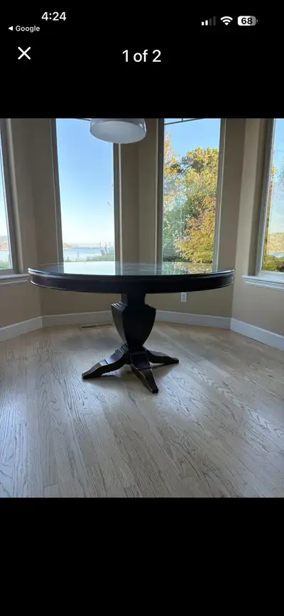  dark wood pedestal dining table w/ xtra glass top, View more