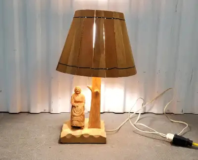 Folk art table lamp carved wood woman rocking chair Quebec 1970s, View more