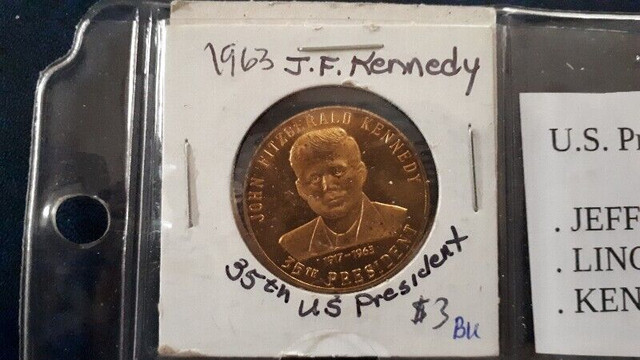 U.S. President tokens x 4 JFK Lincoln Jefferson McKinley + 1 dans Art et objets de collection  à Peterborough - Image 3