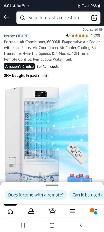 Portable Air Conditioner, 6000ML Evaporative Air Cooler with 4 Ice Packs, Air Conditioner Air Cooler...