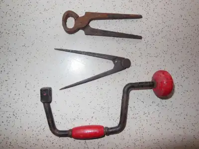 For Sale: Group of antique tools: - small brace, painted red wood and iron (possible childs) overall...