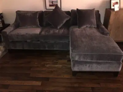 Willoughby sectional sofa. Grey polyester (suede like material) in excellent condition and is revers...